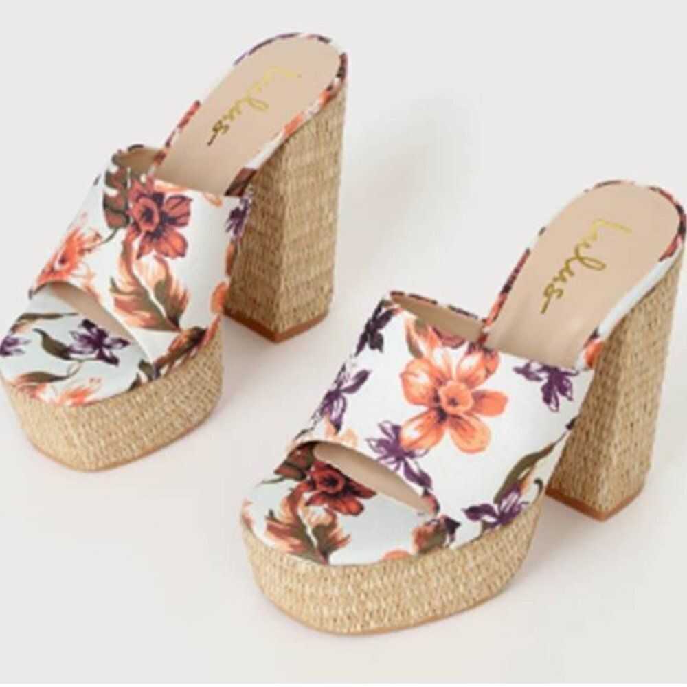 Floral Print Raffia Platform Block Heeled Lulus Women's Sandals‎ Size 8.5 $68